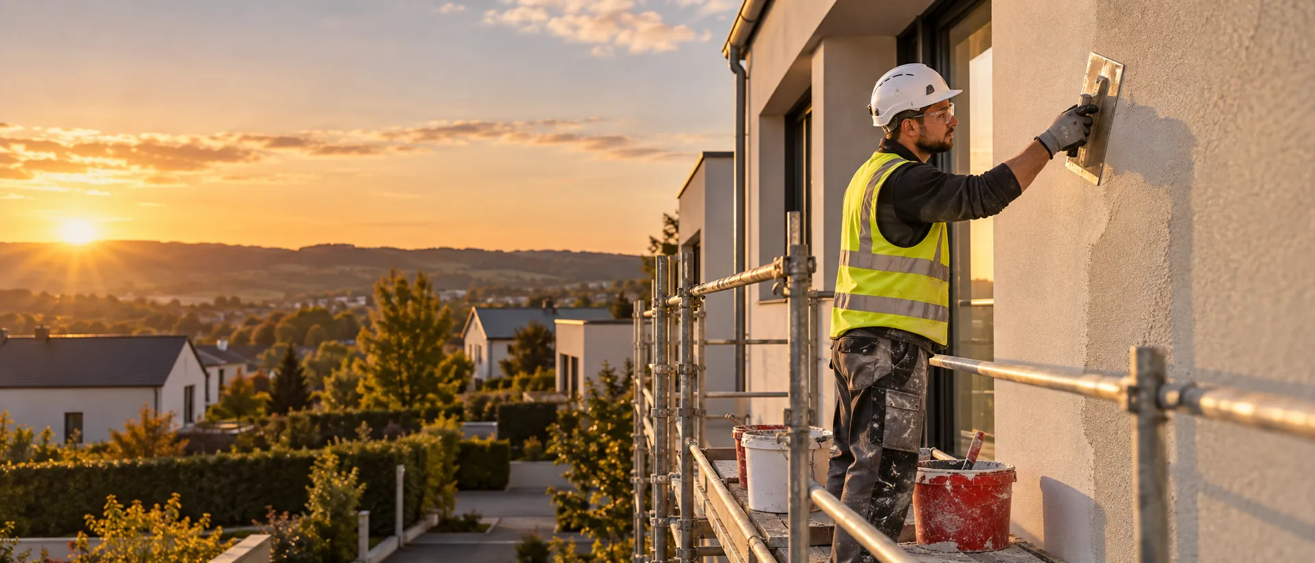 Façadier appliquant l’enduit de finition sur un échafaudage au coucher du soleil